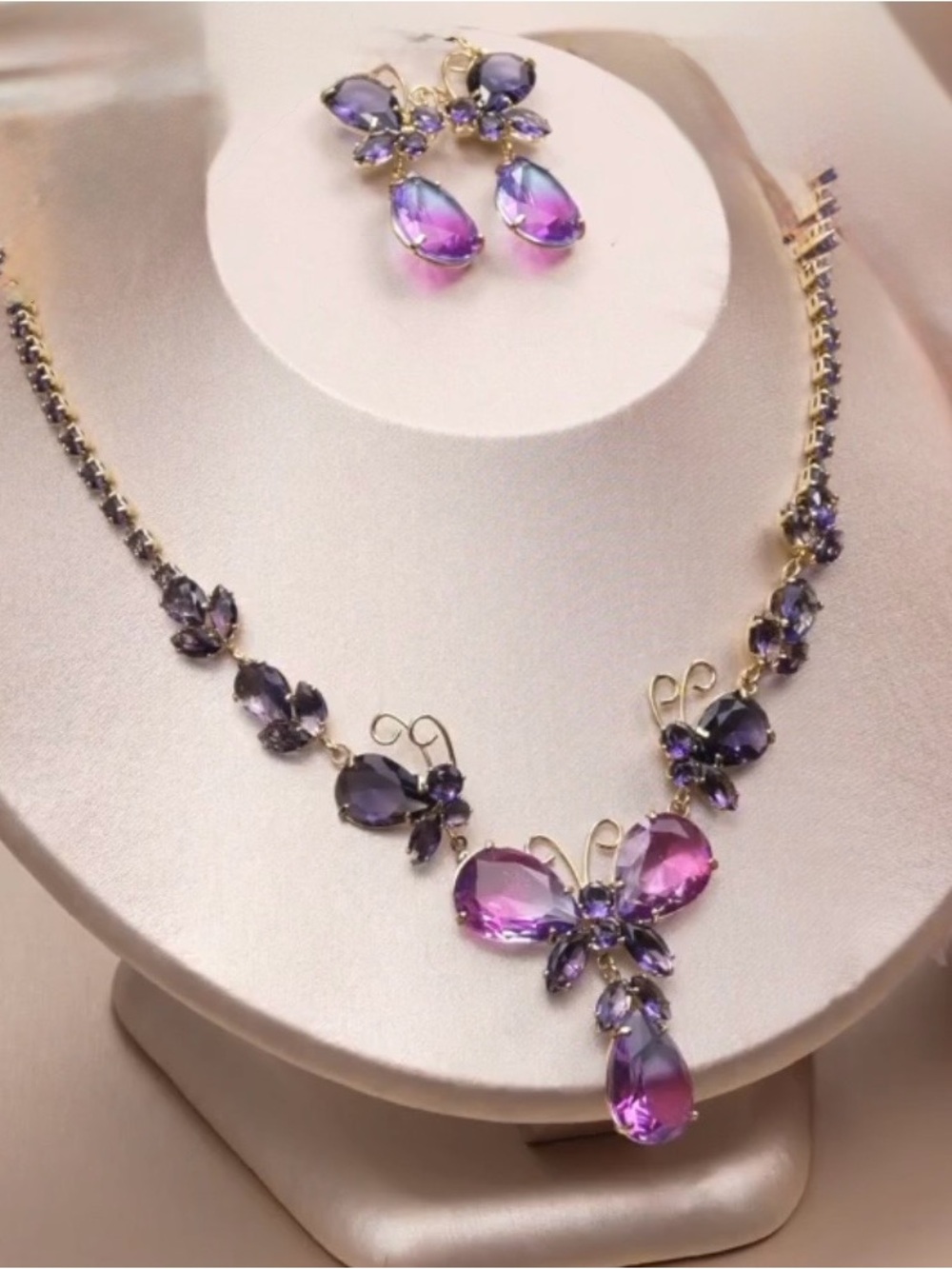 Elegant Purple Crystal Butterfly Necklace and Earring Set - 18K Gold Filled